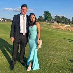 Cinq a Sept Sade high-low mermaid gown in blue topaz